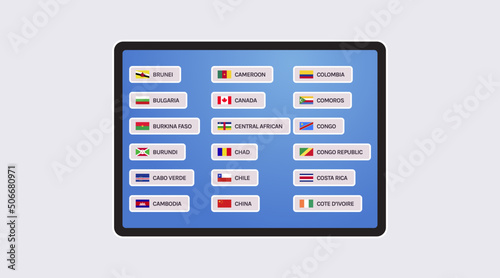 World flags and all world countries flags on smart screen concept flat vector illustration.