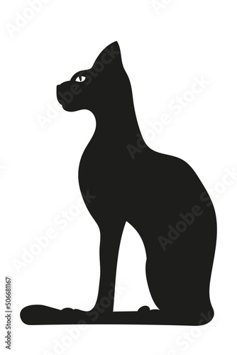 Silhouette of a sitting Egyptian black cat with open eyes. Side view. Vector illustration isolated on a white background. © Irina