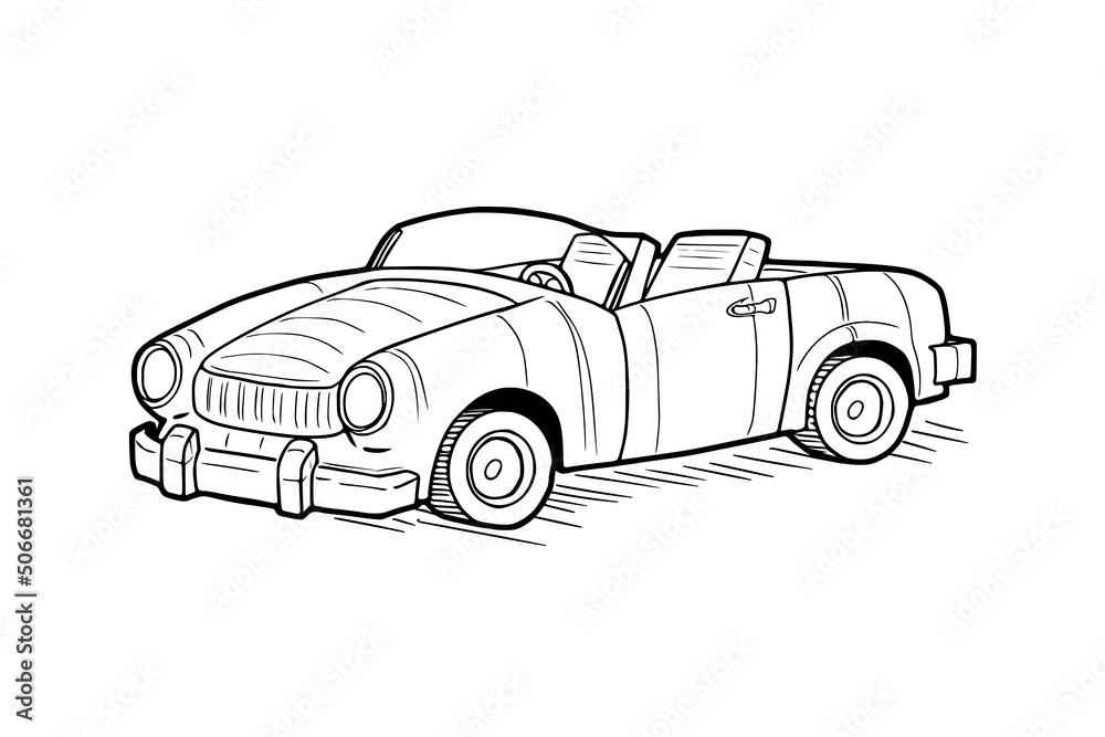 Hand drawn car sketch. Vector illustration of cabriolet car. Cartoon car in doodle style.