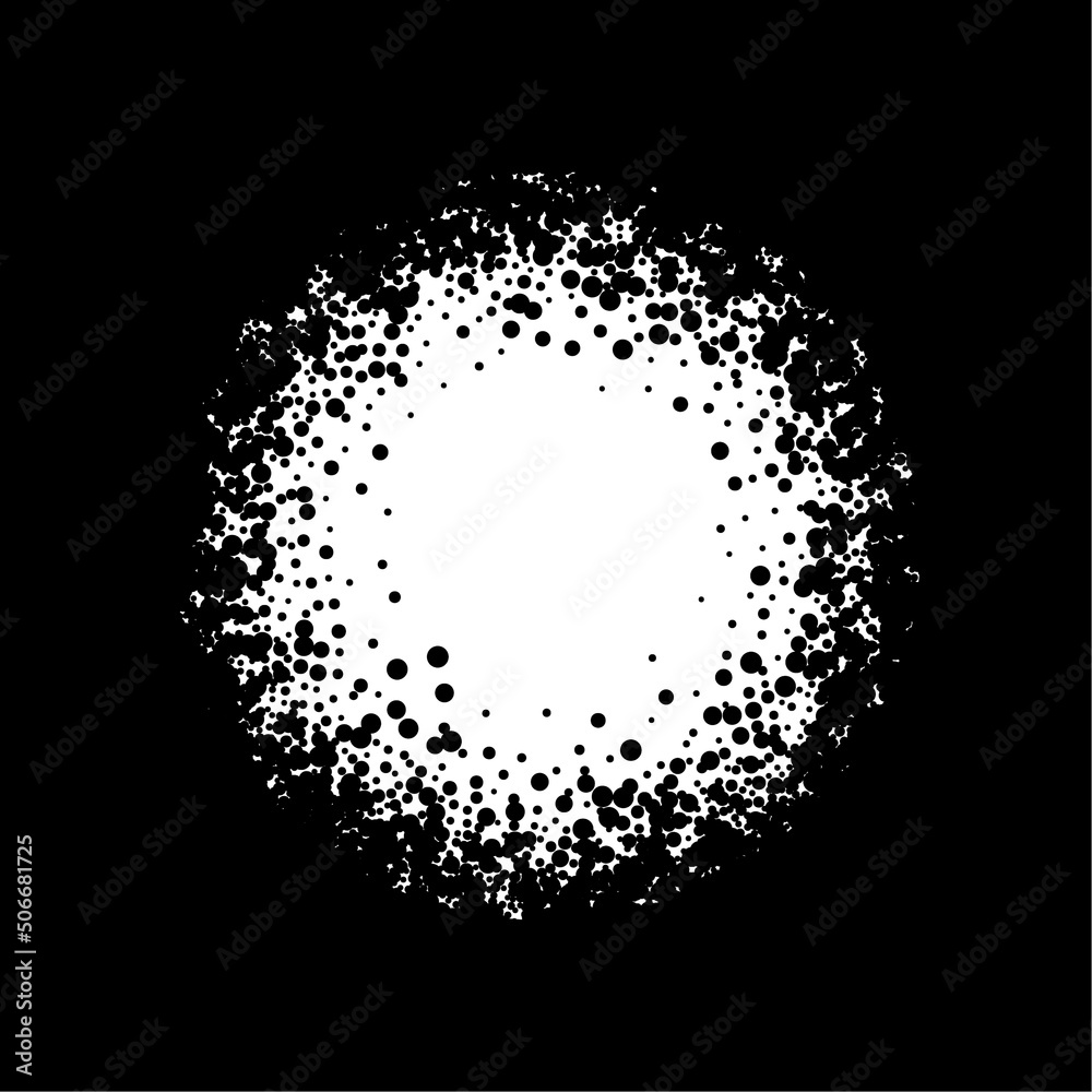 Vector frame from black dots, circles. Dirty noisy texture. Black background with empty circle. Vector frame from black dots, circles. Dirty noisy texture. Black background with empty circle.