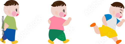 Cartoon kid development. Child growth stages. Set of cute child learning from toddler to running. Child learning how to run timeline collection. Vector, illustration, EPS10 photo
