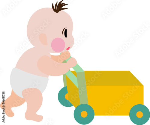 Cartoon baby newborn pushing trolley, cart. Baby learning how to push forward. Infant growth stages. Cute baby learning from newborn to toddler. Newborn learning phrase. Vector, illustration, EPS10