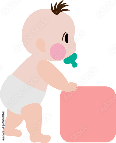 Cartoon baby newborn pushing toy. Box toy pushing by baby for learning. Infant growth stages. Cute baby learning from newborn to toddler. Newborn learning phrase. Vector, illustration, EPS10