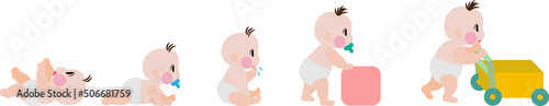 Cartoon baby development. Infant growth stages. Set of cute baby learning from newborn to toddler. Newborn learning phrase collection. Vector, illustration, EPS10