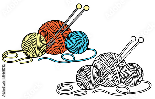 Vector flat illustration for children coloring book in a doodle style. Group of Balls of yarn for knitting