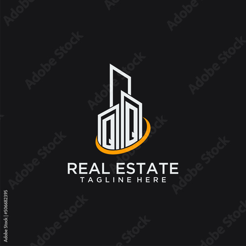 QQ initial monogram logo for real estate with building style