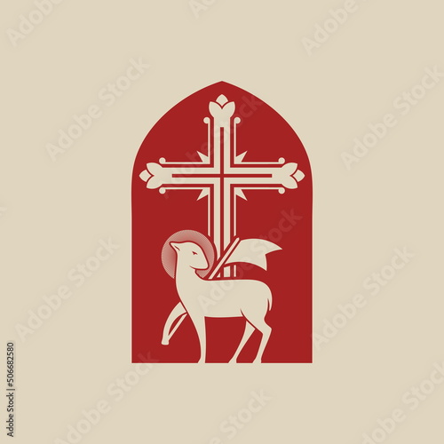 Christian illustration. Lamb of God and crucifixion cross.