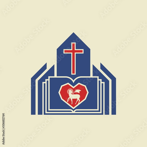 Christian illustration. Christian church, the heart of God's lamb and the cross.