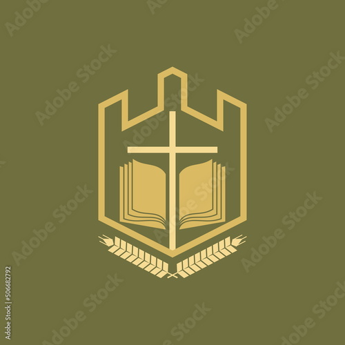 Christian illustration. A cross and an open bible against the backdrop of a fortress.