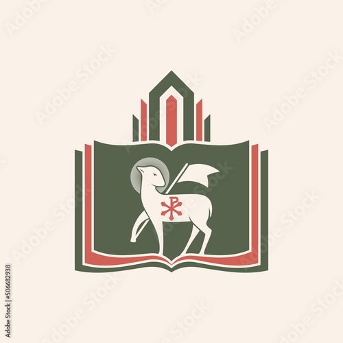 Christian illustration. God's lamb on the background of the bible and the church.