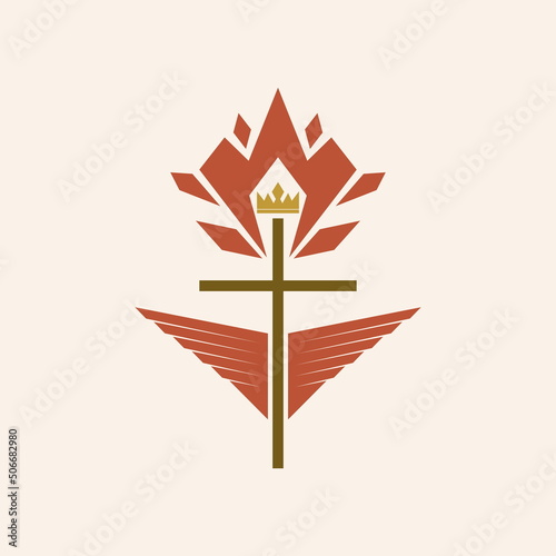 Christian illustration. Cross and spirit wings, flame and crown.