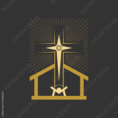Christian illustration. Baby Jesus in the barn, from above the light of the star of Bethlehem. Nativity of the Savior Christ.