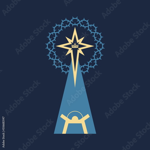Christian illustration. Baby Jesus in the barn, from above the light of the star of Bethlehem. Nativity of the Savior Christ.