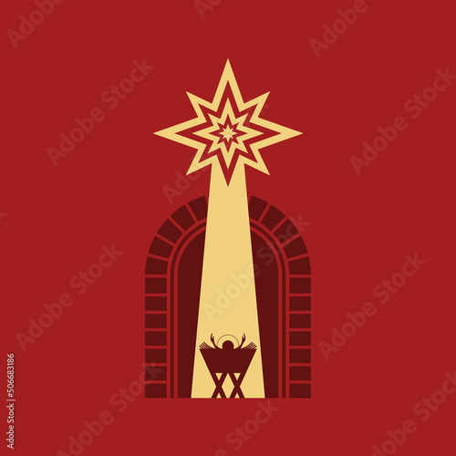 Christian illustration. Baby Jesus in the barn, from above the light of the star of Bethlehem. Nativity of the Savior Christ.