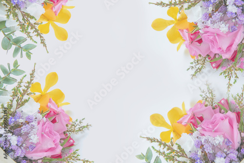 Beautiful and romantic bouquet on white background (rose, orchid, bellflower, gypsophila)