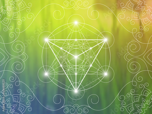 Sacred geometry zentangle inspired design template with oriental tribal ornaments. Merkaba ornamental new age art.