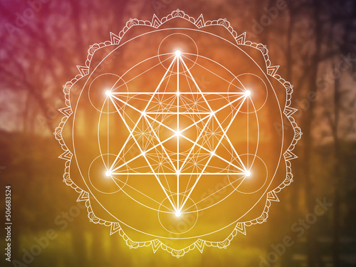 Sacred geometry zentangle inspired design template with oriental tribal ornaments. Merkaba ornamental new age art.