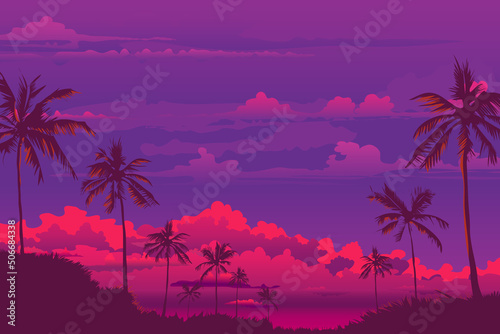 Poster, banner - sunset coconut palms with the reflection of the setting sun on the branches against a purple sky with pink clouds which goes beyond the horizon