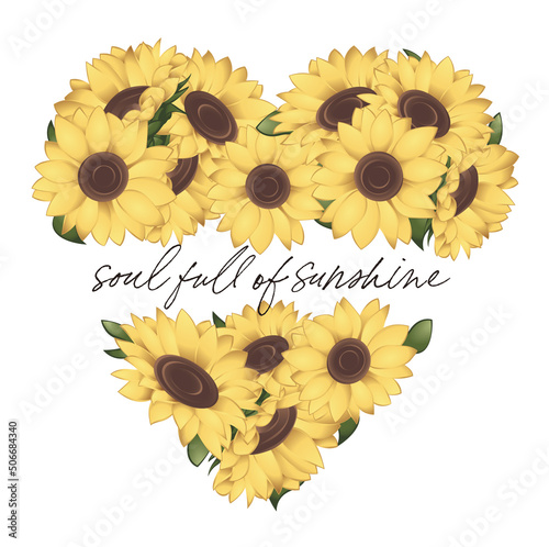 heart shaped floral composition of sunflowers with a quote