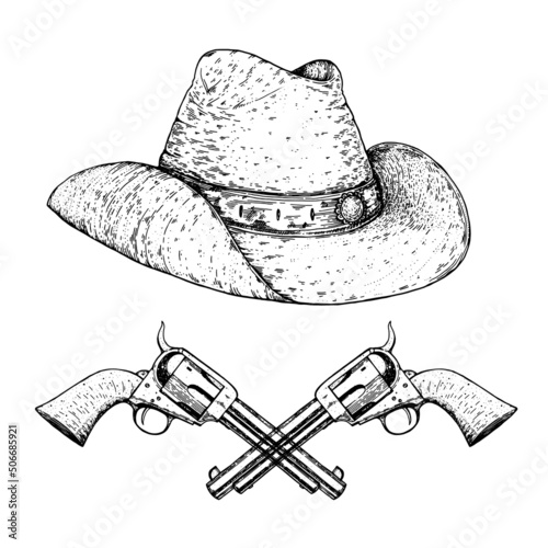Hand drawn revolvers and cowboy hat vector illustration. Guns sketch. Vintage illustration. Engraved style.