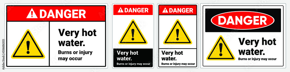 Safety sign danger Very hot water, burn, or injury may occur. ANSI and OSHA standard formats Safety sign danger Very hot water, burn, or injury may occur. ANSI and OSHA standard formats