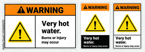 Safety sign warning Very hot water, burn, or injury may occur. ANSI and OSHA standard formats