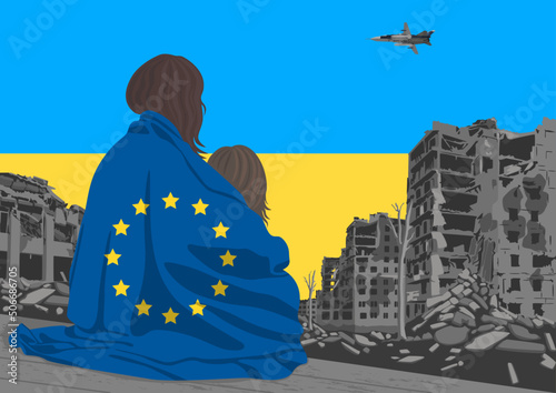 Obraz na plátně Silhouette of a mother and child, refugees covered with a blanket with the logo of the European Union