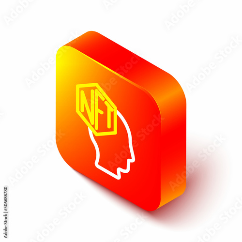 Isometric line NFT Digital crypto art icon isolated on white background. Non fungible token. Orange square button. Vector