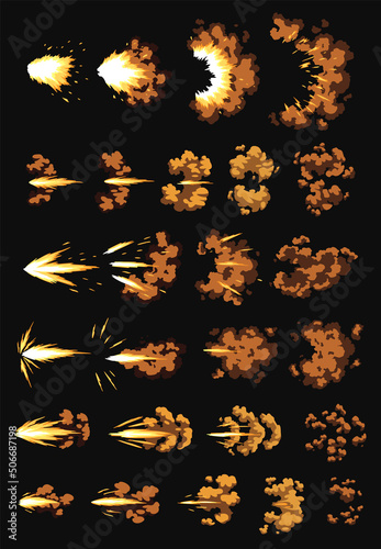 Gun flashes or gunshot animation. Cartoon flash effect of bullet starts with smoke and sparkles. Fire explosion effect during shot with gun. Shotgun fire, muzzle flash and explode