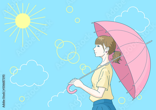 晴れた日に日傘をさして出かける女性のイラスト. デザイン用の背景素材. 横顔, 上半身, 夏.