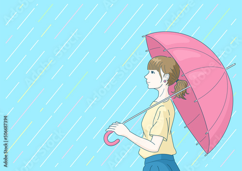 Obraz na płótnie 雨の日に傘をさして出かける女性のイラスト. デザイン用の背景素材. 雨季, 上半身, 傘, 横顔. w salonie