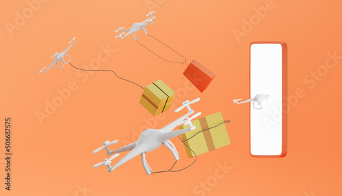 3d rendering delivery drones. Fast delivery post package. Concept of remote shopping and fast delivery of goods and modern technology device for business