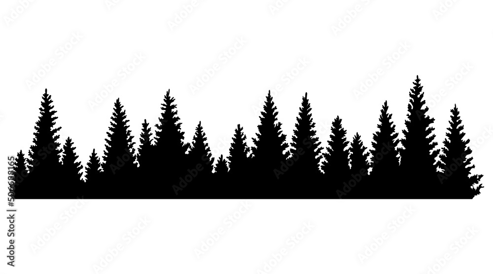 Fir trees silhouettes. Coniferous or spruce forest horizontal background pattern, black pine woods vector illustration. Beautiful hand drawn coniferous panorama