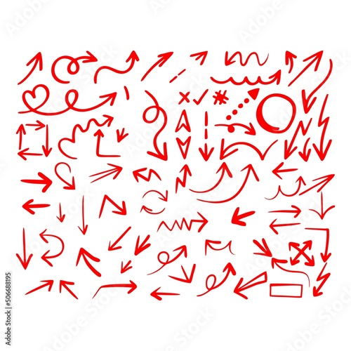 Collection of hand drawn arrows. Set of simple red arrows isolated on a white background. Arrow icon.