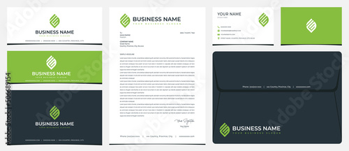 Leaf logo with initials FM with business card stationery and social media banner designs