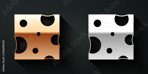 Gold and silver Cheese icon isolated on black background. Long shadow style. Vector