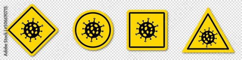 Collection set of yellow square, round, rhombic and triangular virus infection danger sign. Monkeypox prevention concept. Vector illustration on a transparent background.