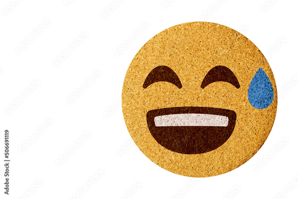 smiling face with cold sweat emoji,round cork coaster isolated on white background smiling face with cold sweat emoji,round cork coaster isolated on white background