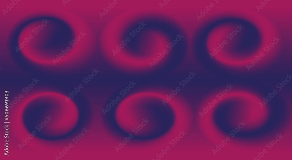 Abstract blue and pink gradient graphic wallpaper. Six pink vortices look convex over a blue-pink background. The vortices are arranged in two rows with a certain logic.
