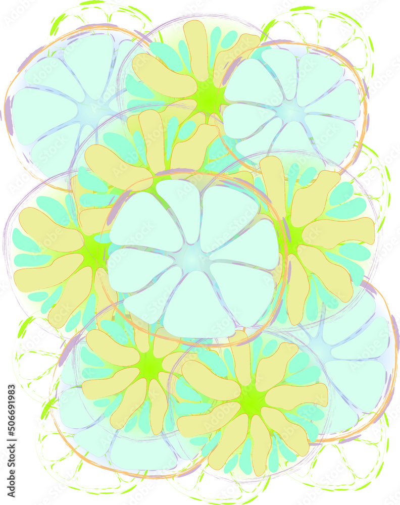 Summer theme citrus fruits bright warm colors sketch style.