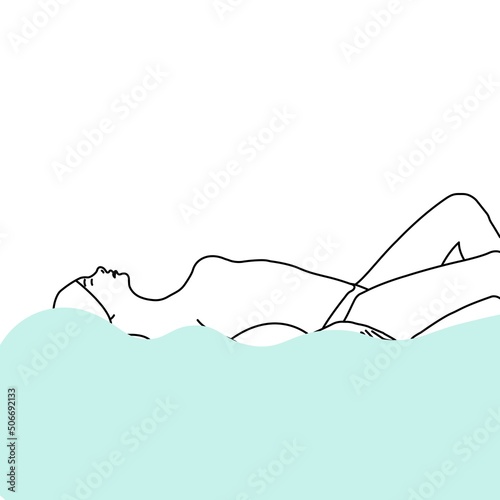 A girl in panties without a bra lies on the blue waves of the sea hand drawn black vector icon illustration isolated on white background. Flat, same outline picture for: decorate, web design. EPS 10