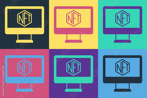 Pop art Monitor with art store app icon isolated on color background. Technology of selling NFT tokens for cryptocurrency. Non fungible token concept. Vector