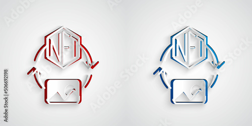Paper cut NFT Digital crypto art icon isolated on grey background. Non fungible token. Paper art style. Vector