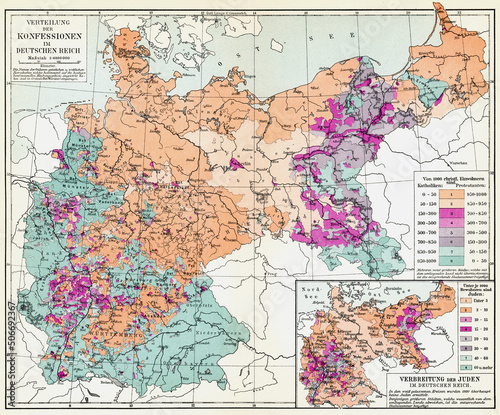 Map of the distribution of religious confessions of the German Empire (Deutsches Kaiserreich). Publication of the book "Meyers Konversations-Lexikon", Volume 2, Leipzig, Germany, 1910