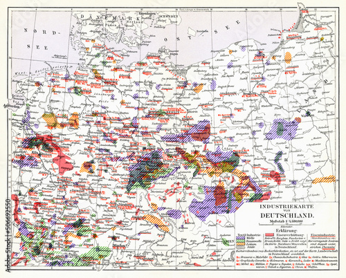 Industrial map of the German Empire (Deutsches Kaiserreich). Publication of the book "Meyers Konversations-Lexikon", Volume 2, Leipzig, Germany, 1910