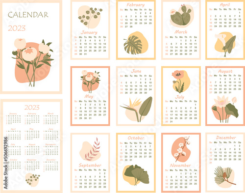 Calendar 2023. Minimalistic monthly calendar with various plants. Cover and 12 monthly pages. Week starts on Sunday, vector illustration. Vertical pages.