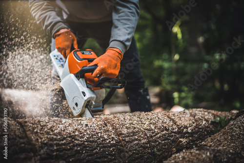 Cordless Chainsaw. Close-up of woodcutter sawing chain saw in motion, sawdust fly to sides. Chainsaw in motion. Hard wood working in forest. Sawdust fly around. Firewood processing. photo