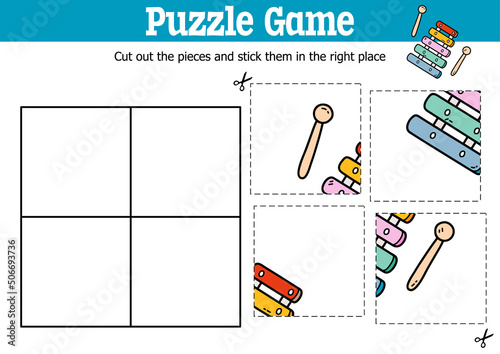 Vector educational kids puzzle game to cut and stick pieces with doodle xylophone