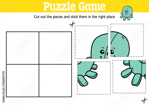 Vector educational kids puzzle game to cut and stick pieces with doodle octopus