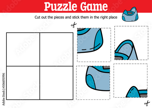 Vector educational kids puzzle game to cut and stick pieces with doodle potty 